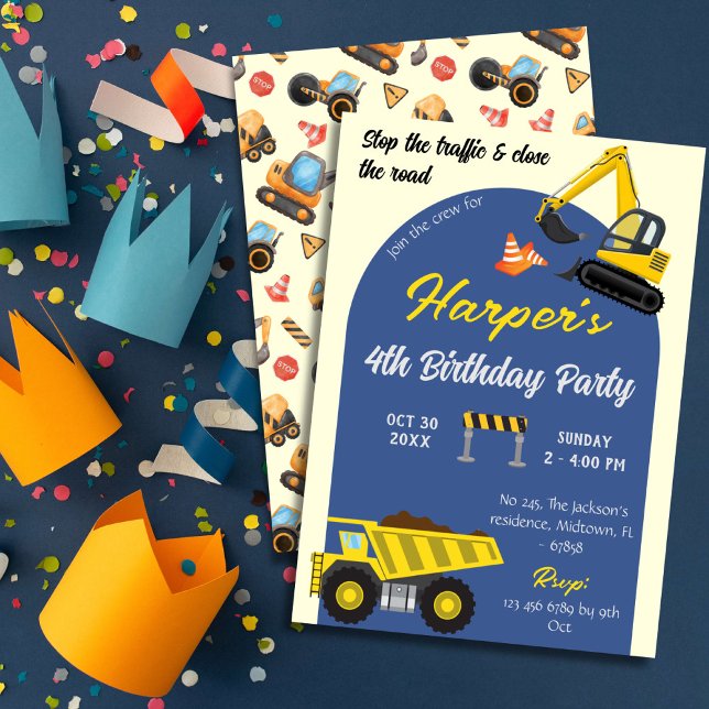 Simple cute construction truck kids 4th birthday  invitation (Creator Uploaded)