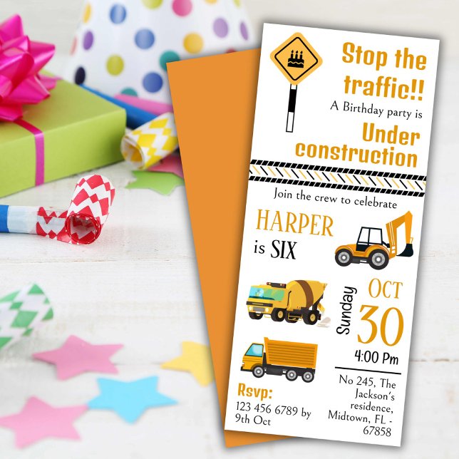 Simple  cute construction truck kids 6th birthday invitation (Creator Uploaded)