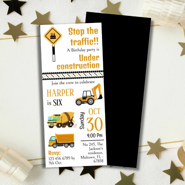 Simple  cute construction truck kids 6th birthday invitation (Creator Uploaded)