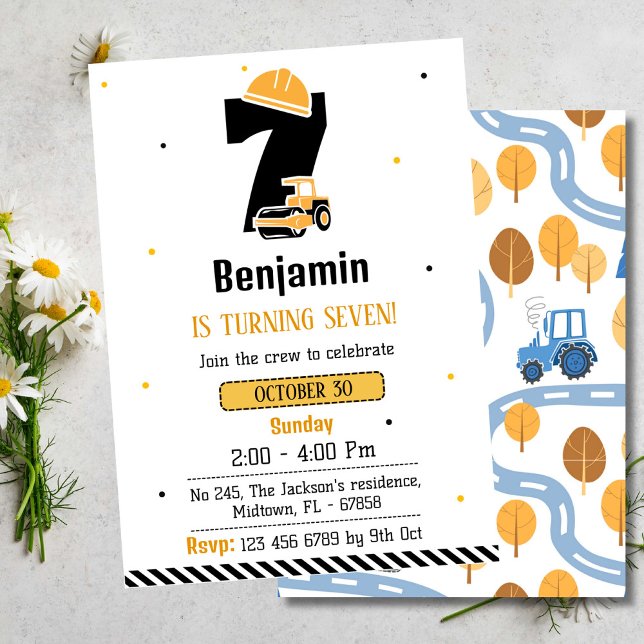 Simple cute construction truck kids 7th birthday  invitation (Creator Uploaded)