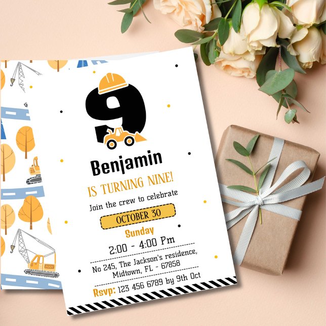 Simple cute construction truck kids 9th birthday  invitation (Creator Uploaded)