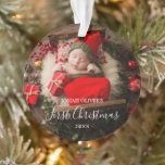 Simple Cute Elegant Photo Baby First Christmas Ornament<br><div class="desc">Cute Baby's First Christmas ornament featuring a simple design with "(Name's) First First Christmas" in an elegant script and the year along over your favourite newborn photo. The back has a second picture along with baby's name and birth stats. This modern holiday birth announcement ornament makes a great Christmas gift...</div>