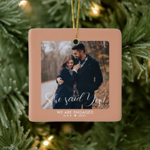 Simple cute First Christmas Engaged Custom Photo Ceramic Ornament