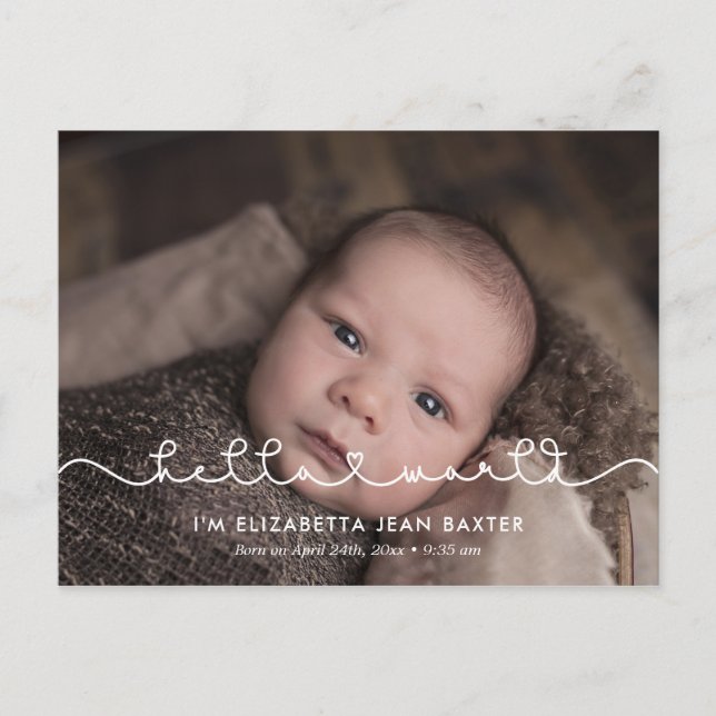 Simple cute font Hello world birth announcement Postcard (Front)