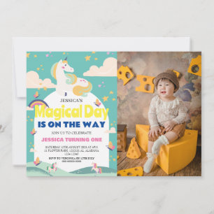 Simple Cute Girl Photo Unicorn First Birthday Baby Invitation
