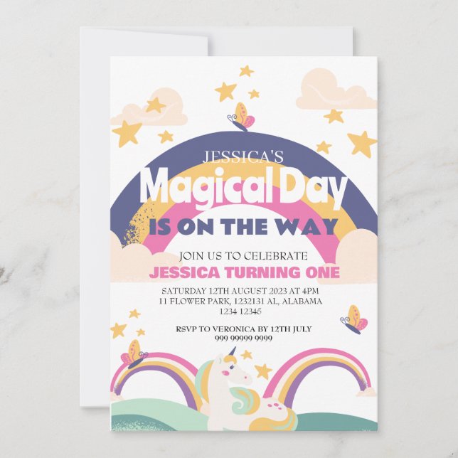 Simple Cute Girl Pink Unicorn First Birthday Baby  Invitation (Front)