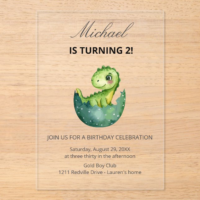 Simple Cute Green Dinosaur Birthday Party Invitati Acrylic Invitations (Front)