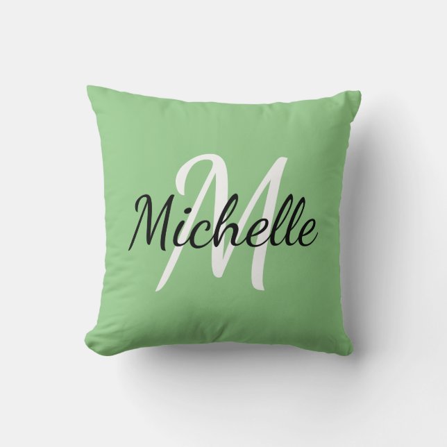 Simple Cute Green Monogram Name + Initial Throw Pillow (Front)