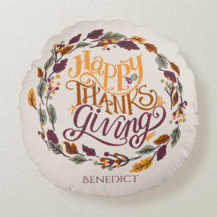 Simple Cute Happy Thanksgiving Pumpkin Fall Round Pillow
