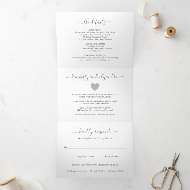 Simple Cute Heart Photo Modern Green Sage Wedding Tri-Fold Invitation (Inside)