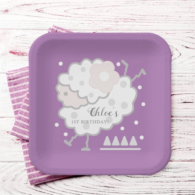 Simple Cute Jumping Lamb Lavender 1st Birthday Paper Plate (Creator Uploaded)