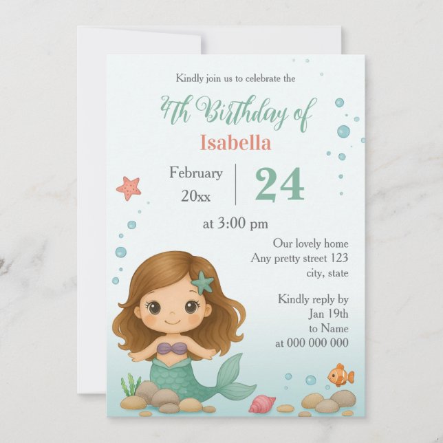 Simple cute little mermaid kids birthday invitation (Front)