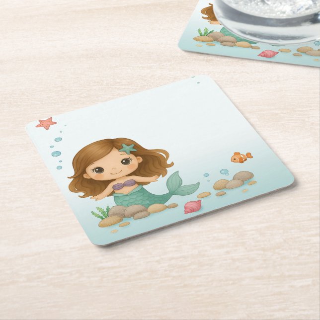 Simple cute little mermaid square paper coaster (Angled)