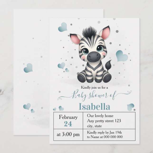 Simple cute little zebra baby shower invitation (Front/Back)