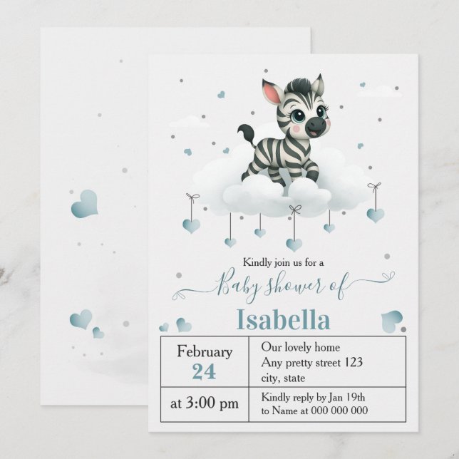 Simple cute little zebra baby shower invitation (Front/Back)