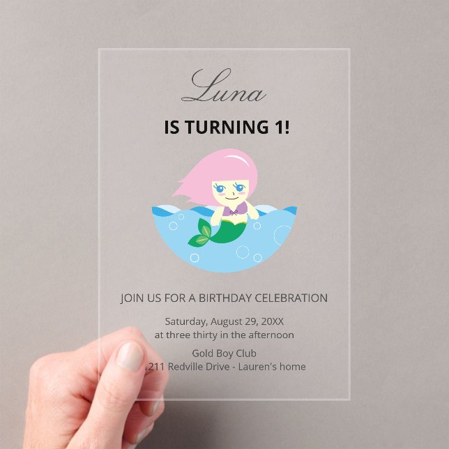 Simple Cute Mermaid Queen Birthday  Acrylic Invitations (Insitu (Handheld))