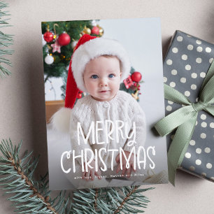 Simple cute Merry Christmas one photo green Holiday Card