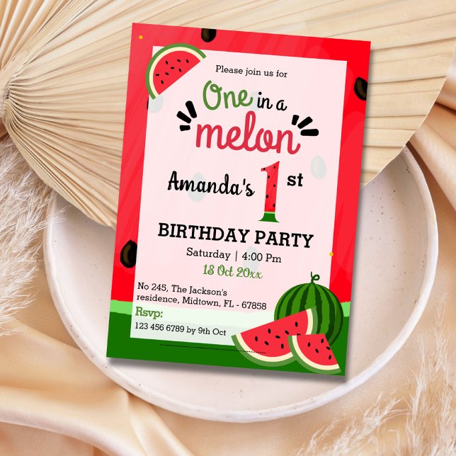 Simple cute modern One in a Melon 1st Birthday Invitation (Creator Uploaded)