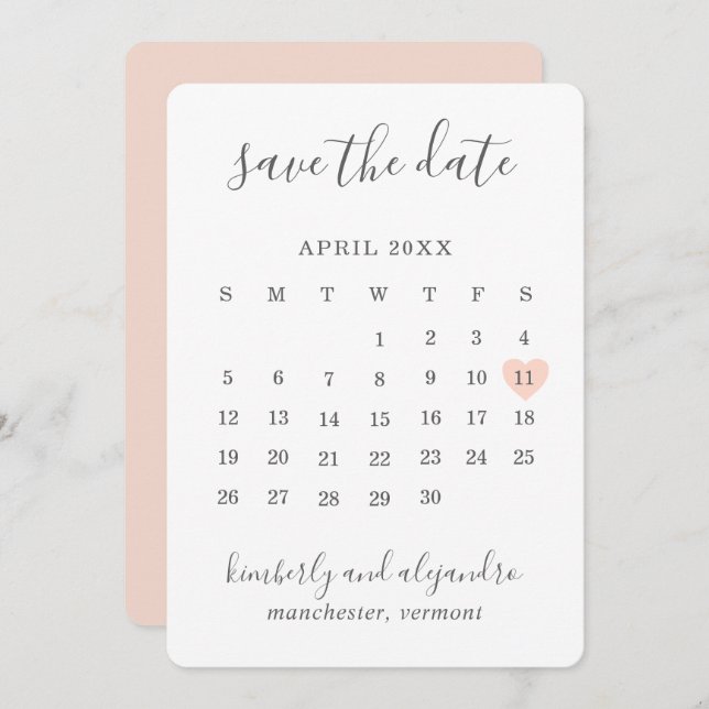 Simple Cute Peach Heart Calender Wedding Save The Date (Front/Back)