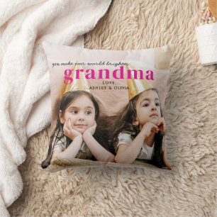Simple Cute Photo Grandma Gift Keepsake Hot Pink Throw Pillow