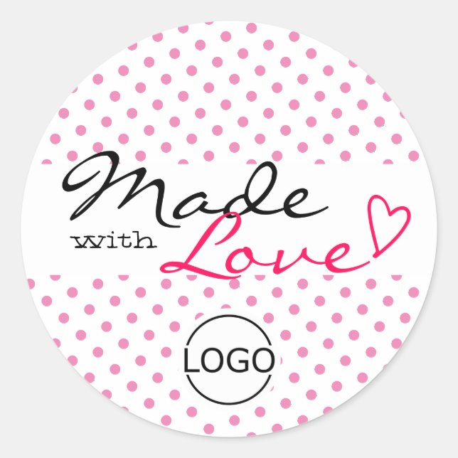 Simple Cute Polka Dots Made with Love Heart Pink  Classic Round Sticker (Front)
