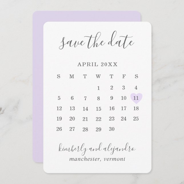 Simple Cute Purple Heart Calender Wedding Save The Date (Front/Back)