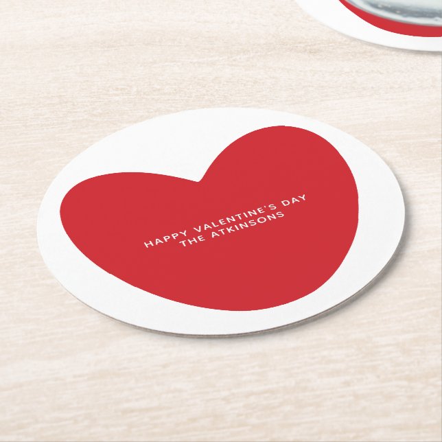 Simple cute red heart personalized Valentine's Day Round Paper Coaster (Angled)
