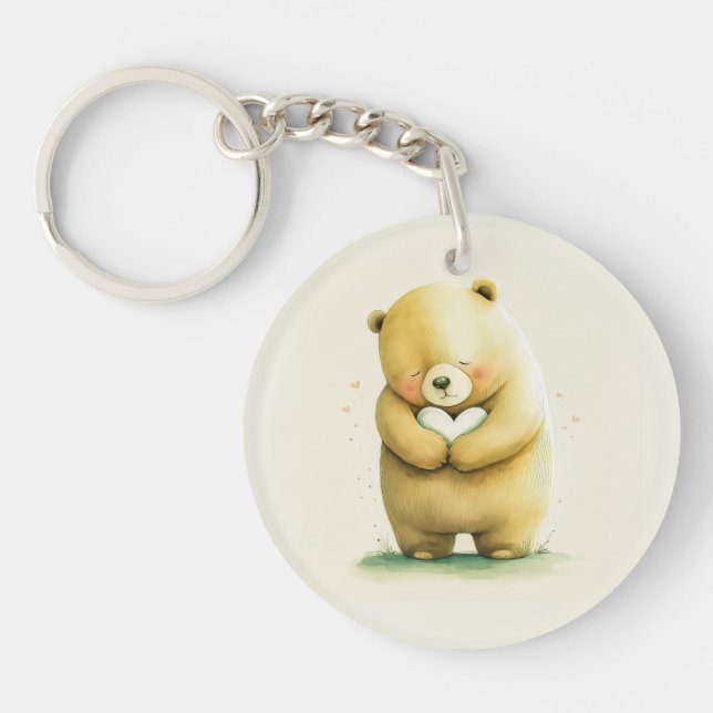 Simple Cute Sad Bear Holding a Heart Artwork | Keychain (Front)