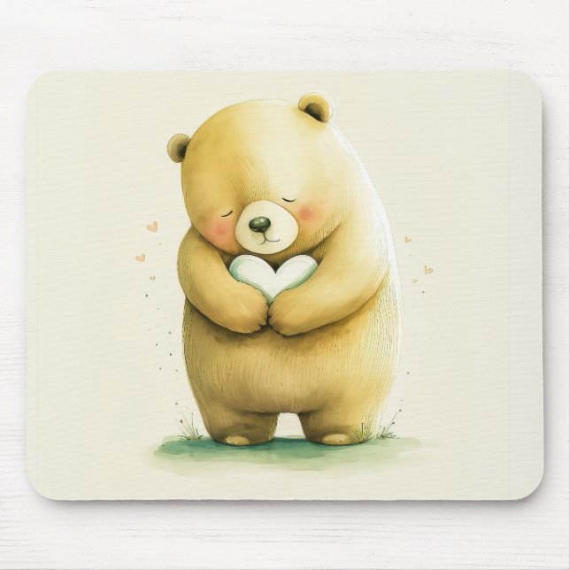 Simple Cute Sad Bear Holding a Heart Artwork | Mouse Pad (Front)