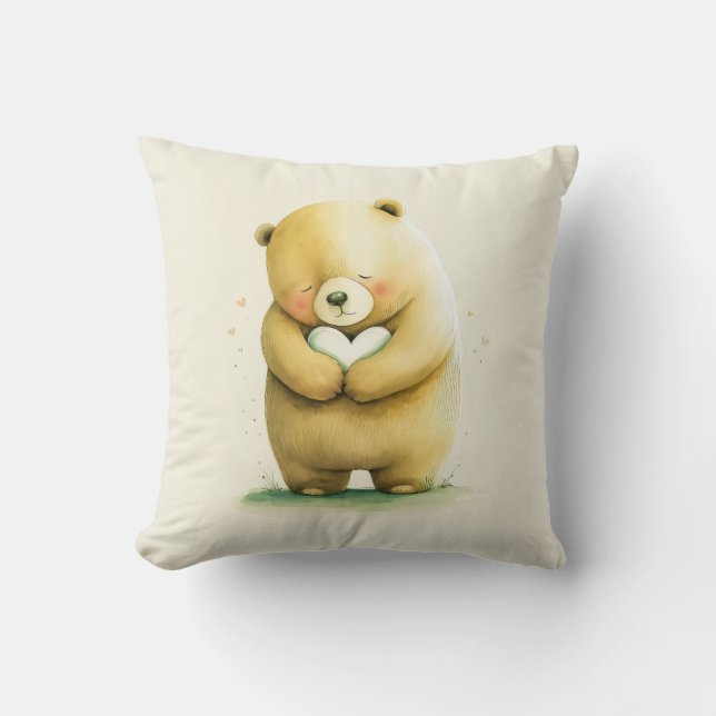 Simple Cute Sad Bear Holding a Heart Artwork | Throw Pillow (Front)