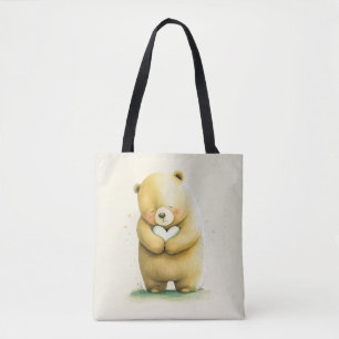 Simple Cute Sad Bear Holding a Heart Artwork   Tote Bag