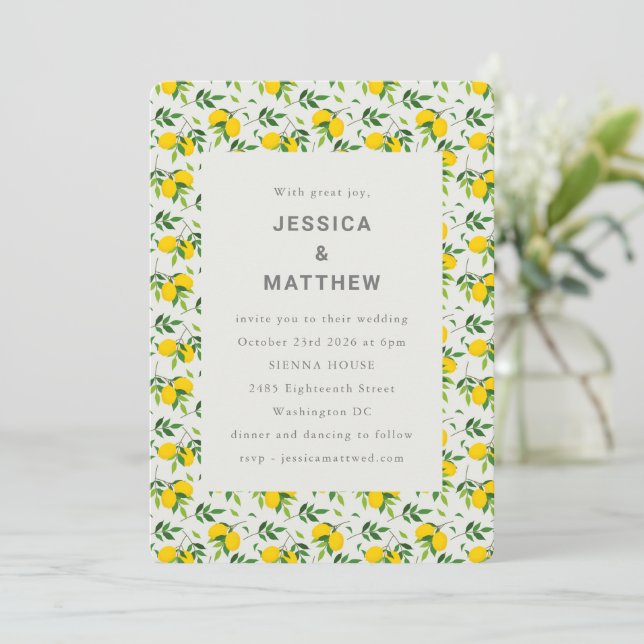 Simple Cute Summer Lemon Fruit Pattern Wedding Invitation (Standing Front)