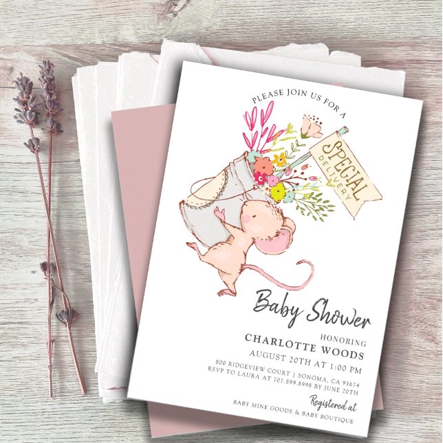 Simple Cute Watercolor Mouse Girl Baby Shower  Invitation (Creator Uploaded)