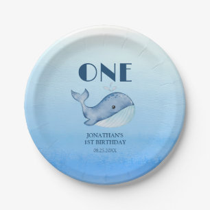 Simple Cute Whale Blue Sea 1st Birthday  Paper Plate