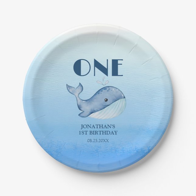 Simple Cute Whale Blue Sea 1st Birthday  Paper Plate (Front)