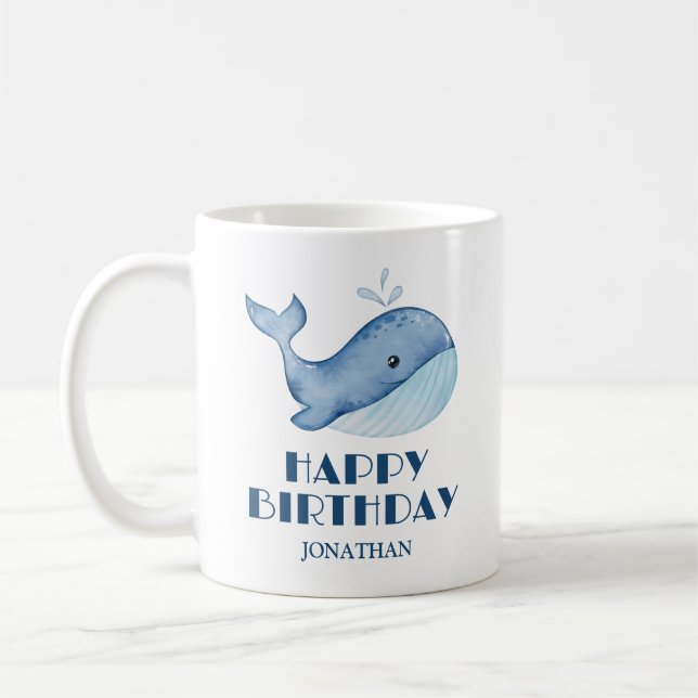 Simple Cute Whale Blue Sea Happy Birthday  Coffee Mug (Left)