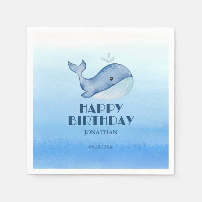 Simple Cute Whale Blue Sea Happy Birthday  Napkin (Front)