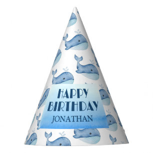 Simple Cute Whale Blue Sea Happy Birthday  Party Hat