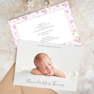 Simple Cute Whimsical Floral Photo Pink Girl Announcement