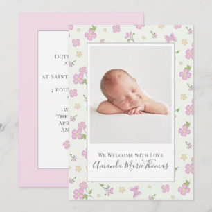 Simple Cute Whimsical Floral Photo Pink Girl Announcement