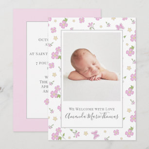 Simple Cute Whimsical Floral Photo Pink Girl Announcement