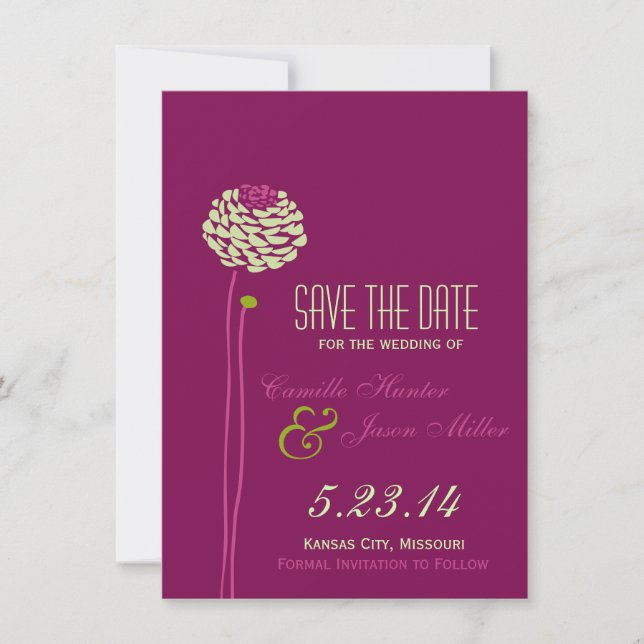 Simple Dahlia - Green & Purple Save the Date (Front)