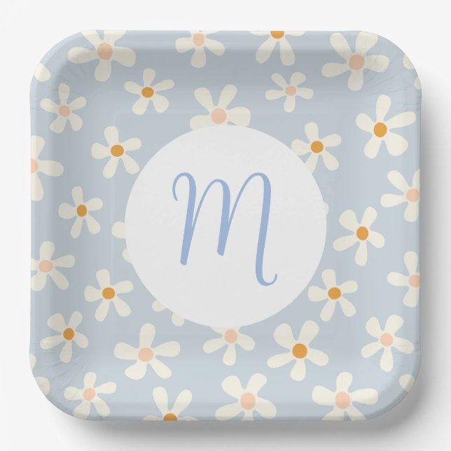 Simple Daisy Flower Blue and White Custom Initial Paper Plate (Front)