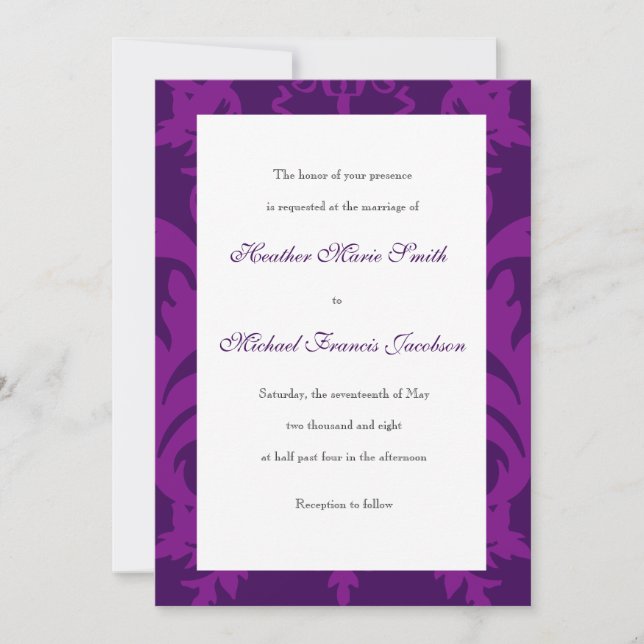 Simple Damask Aubergine Wedding Invitations (Front)