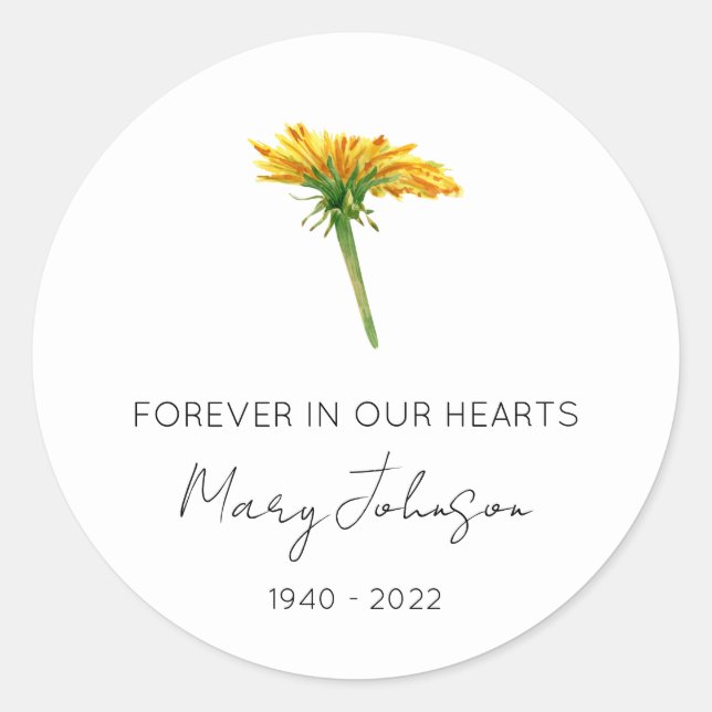 Simple Dandelion Memorial  Classic Round Sticker (Front)