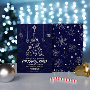 Simple Dark Blue and Gold Elegant Christmas Tree Invitation