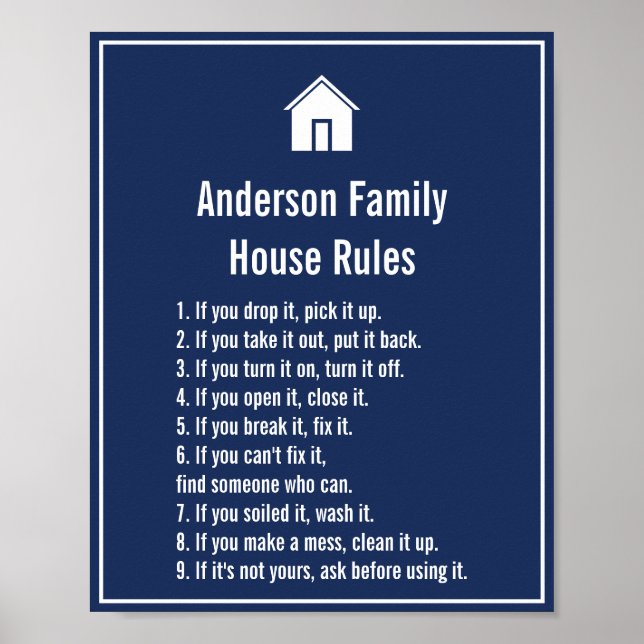 Simple Dark Blue and White Family Rules Template Poster (Front)