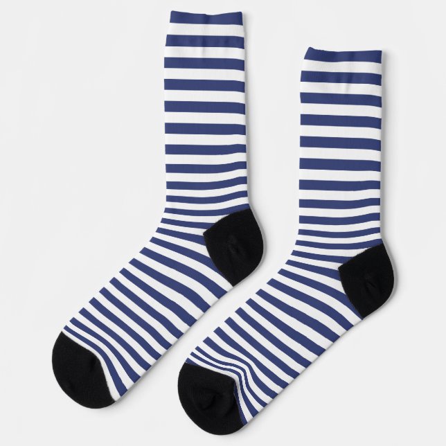 Simple Dark Blue and White Horizontal Stripes Socks (Left)