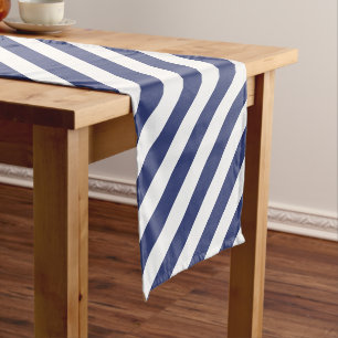 Simple Dark Blue and White Stripes Pattern  Short Table Runner