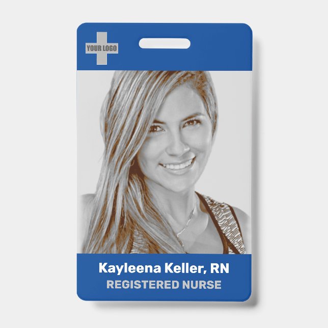 Simple Dark Blue Large Photo Logo Code Template Badge (Front)